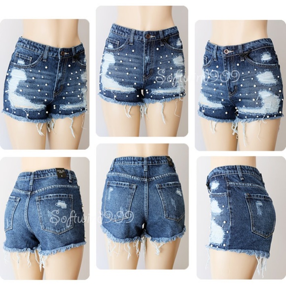 Last☝️Blue Pearl Distressed Fray High Waist Shorts - Picture 4 of 8